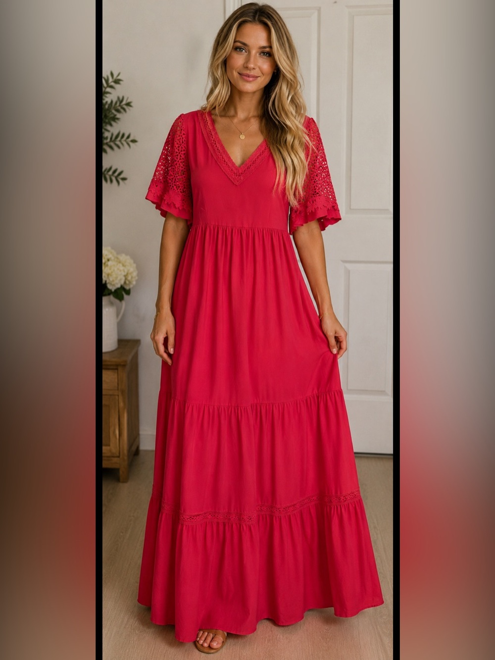 Women's Fuschia V-Neck Maxi Dress with Lace Trim NWT